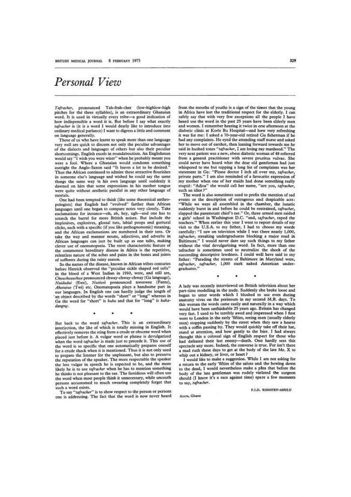 Tafracher BMJ Personal View 8 February 1975 Vol 1 No 5953 page 329
